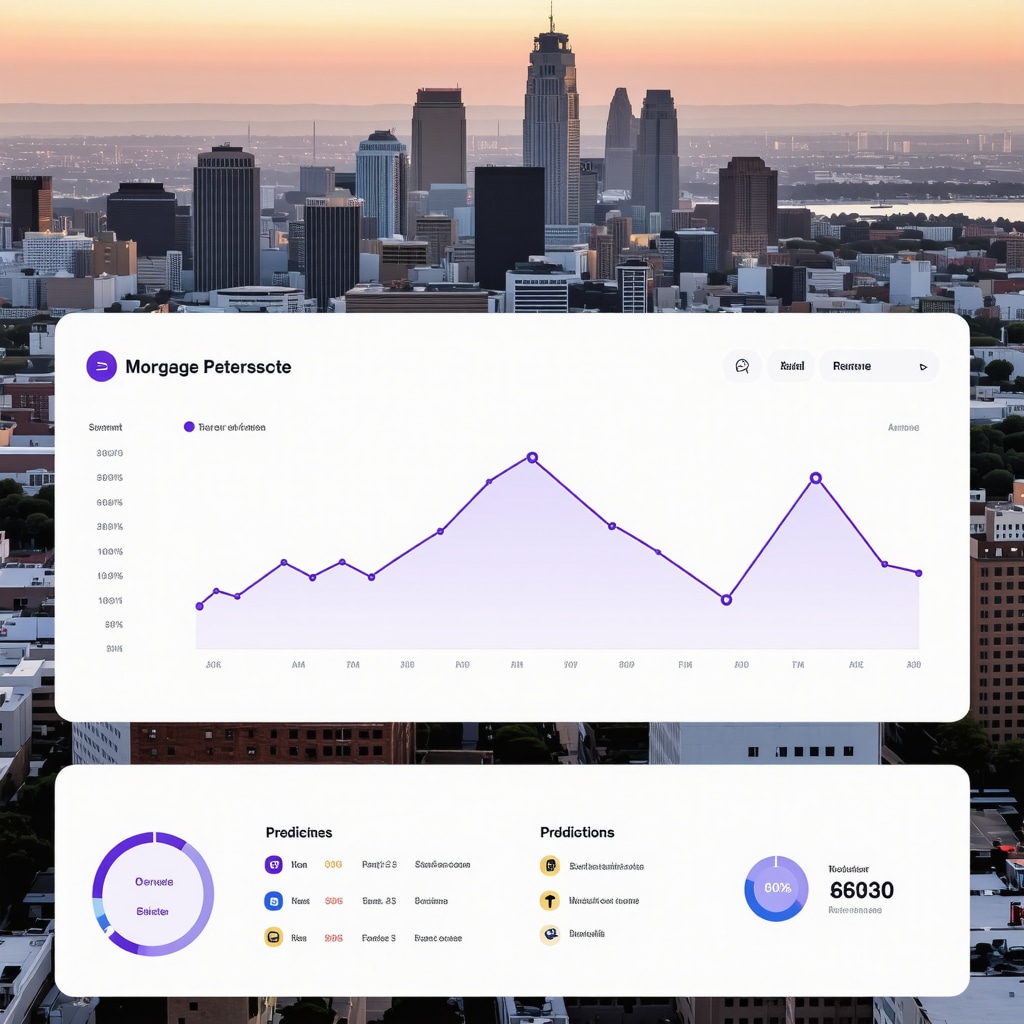 Graphical interface displaying AI-based Tennessee mortgage rate predictions with cityscape background