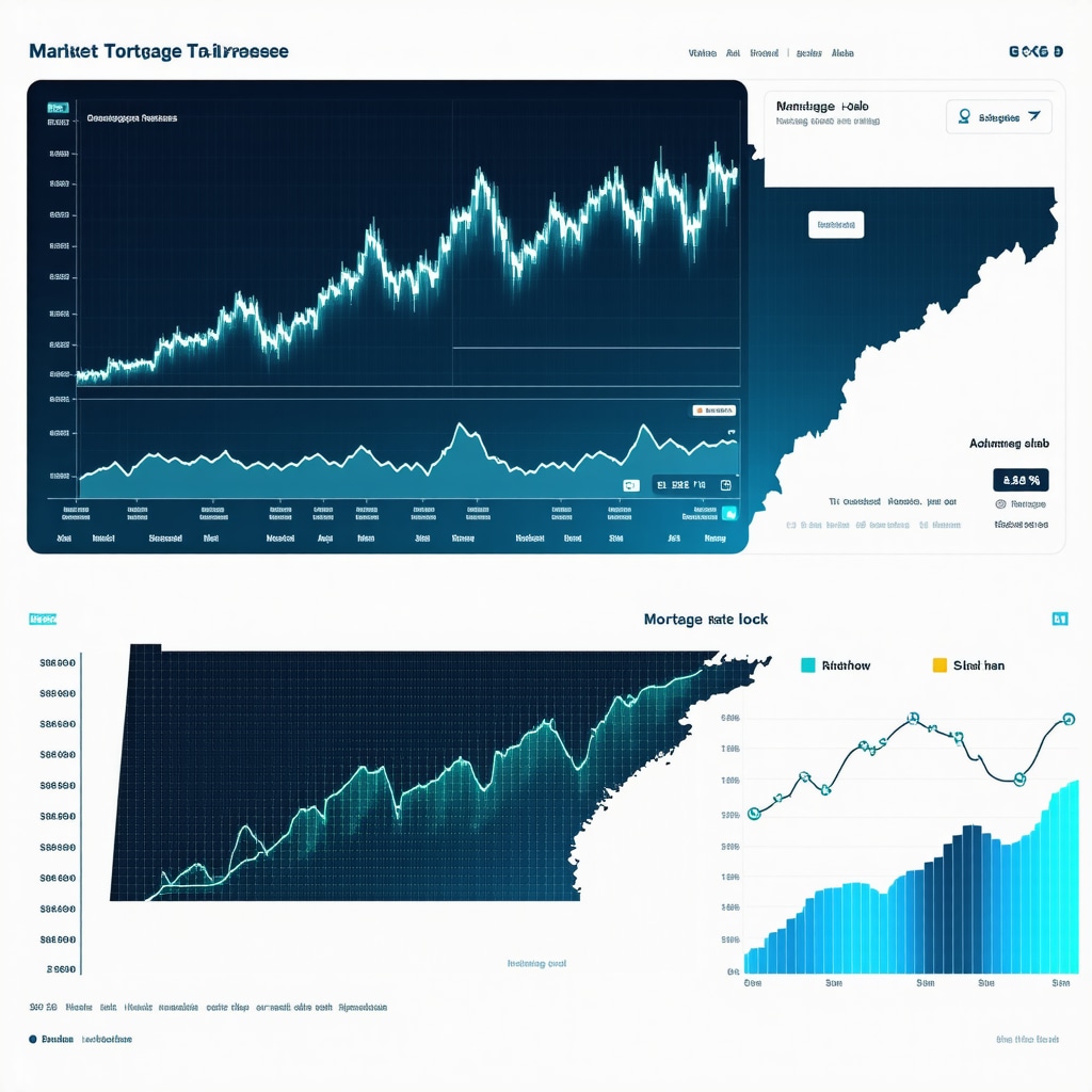 Digital dashboard with mortgage rate graphs, AI analytics, and Tennessee housing market data