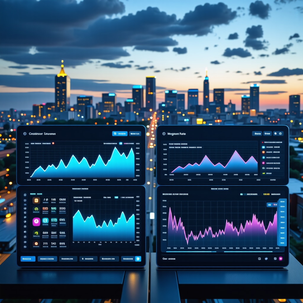 Digital dashboard showing credit score analytics and mortgage rate predictions with Tennessee city skyline