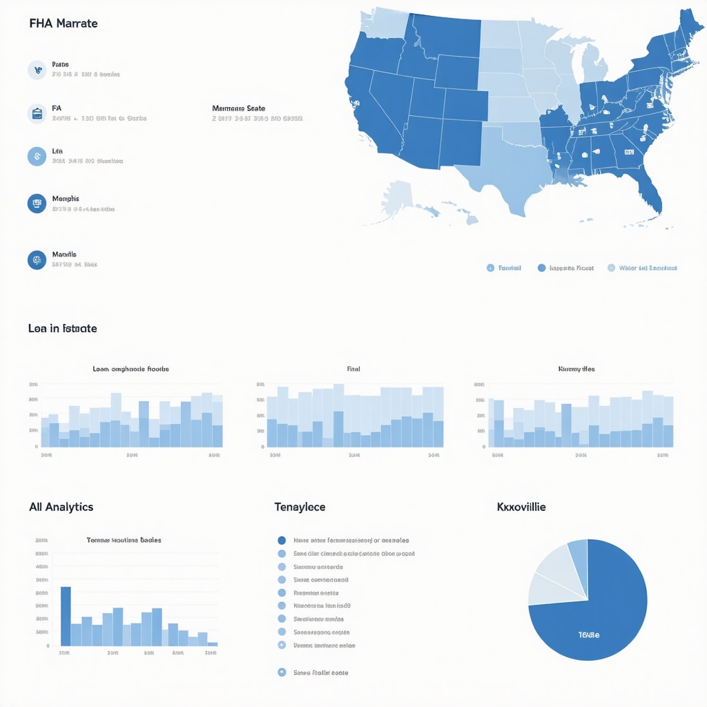 Digital dashboard showing FHA loan rates, AI-driven analytics, and Tennessee regional map