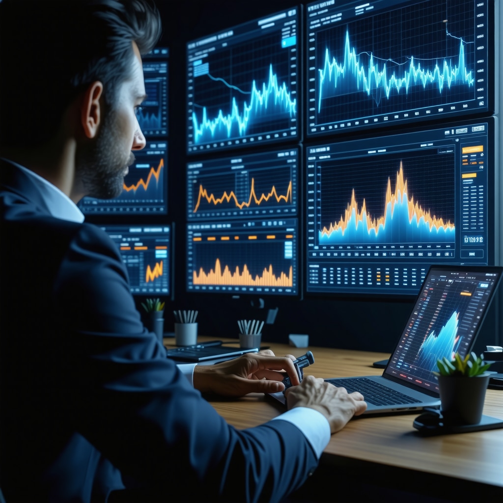 Digital dashboard showing mortgage rates, AI analytics, and Tennessee real estate market data with a professional analyzing