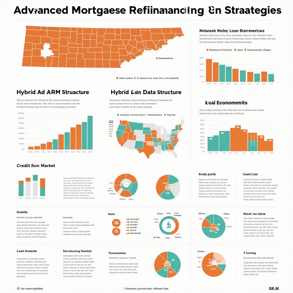 Infographic showing hybrid ARM loans, economic data, credit score factors, and Tennessee housing market visuals