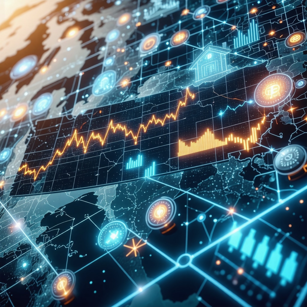 Futuristic digital interface with Tennessee map, mortgage rate trends, data charts, and blockchain icons