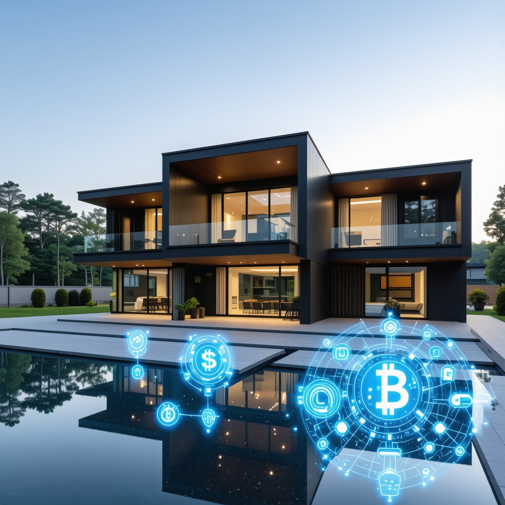 Modern luxury home with digital mortgage analytics and blockchain technology icons overlay