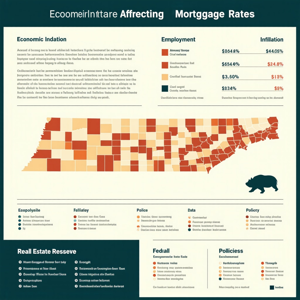 Infographic showing economic indicators and their impact on Tennessee mortgage rates with a state map.