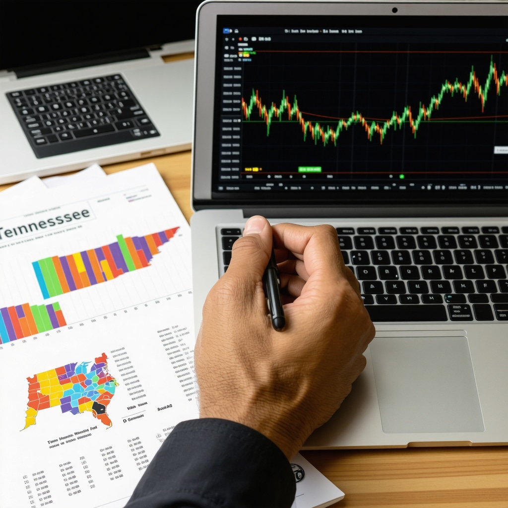 Person analyzing Tennessee mortgage rate charts with financial documents and Tennessee map