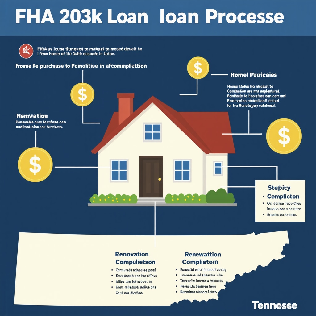 Infographic showing the steps and financial flow of FHA 203(k) loans in Tennessee with state map backdrop