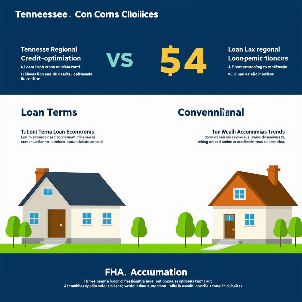 Infographic showing loan terms, credit strategies, and Tennessee regional economic trends influencing FHA and conventional loans