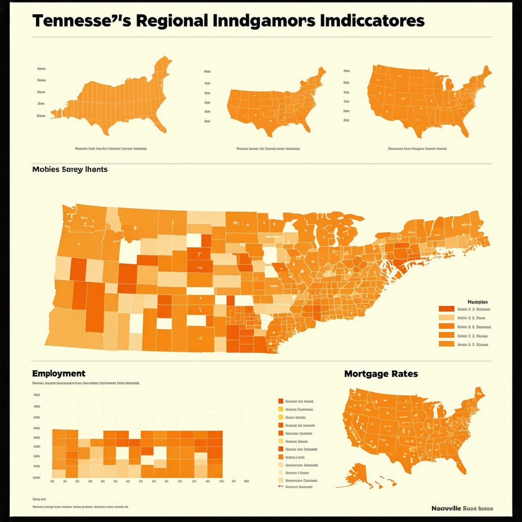 Infographic depicting regional economic indicators and mortgage rate influences in Tennessee's key cities