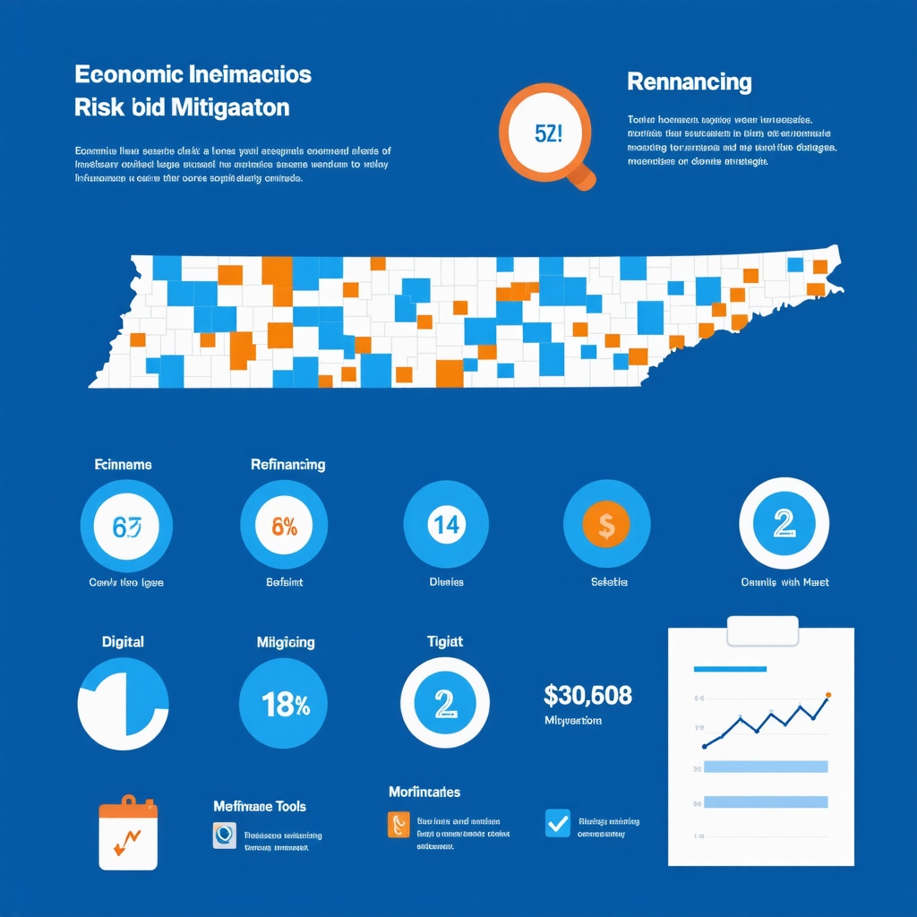 Infographic showing Tennessee refinancing economic indicators, risk mitigation, and technology integration