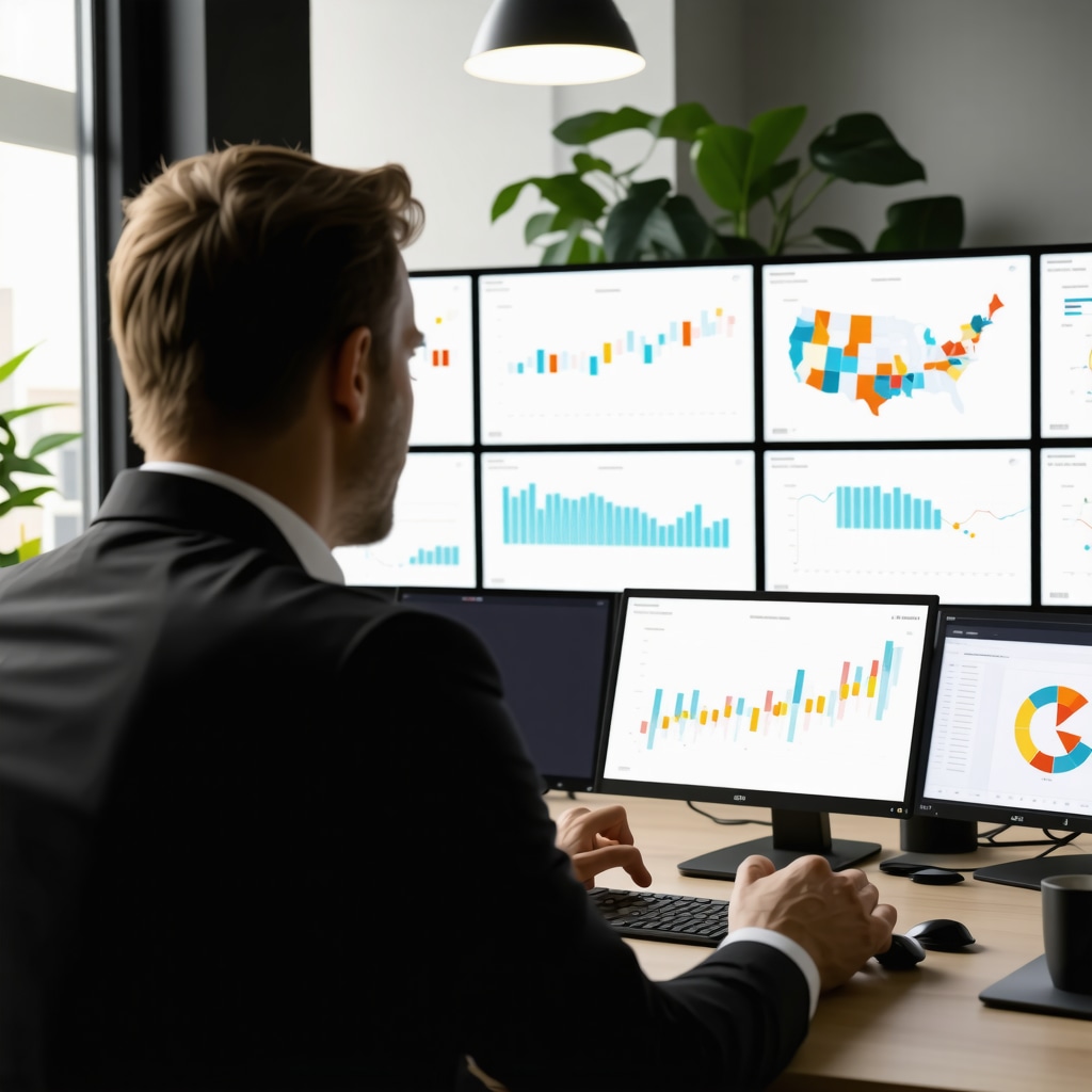 Investor analyzing complex mortgage data and Tennessee real estate market trends on multiple screens in office