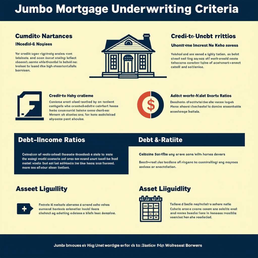 Infographic illustrating key jumbo mortgage underwriting factors such as credit history, debt ratios, and asset liquidity for Tennessee borrowers