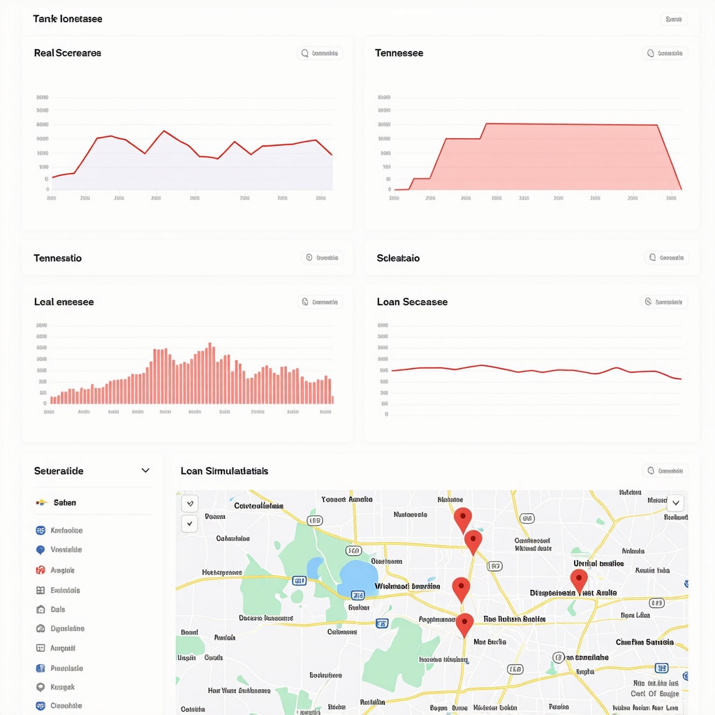 Digital mortgage analytics interface showing loan scenarios and Tennessee map