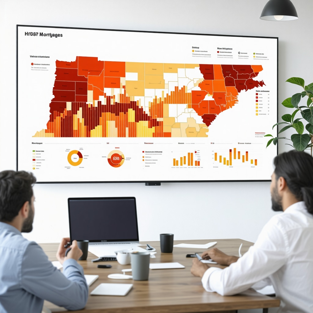 Digital dashboard displaying mortgage rate forecasts and Tennessee regional economic data, with professionals analyzing charts