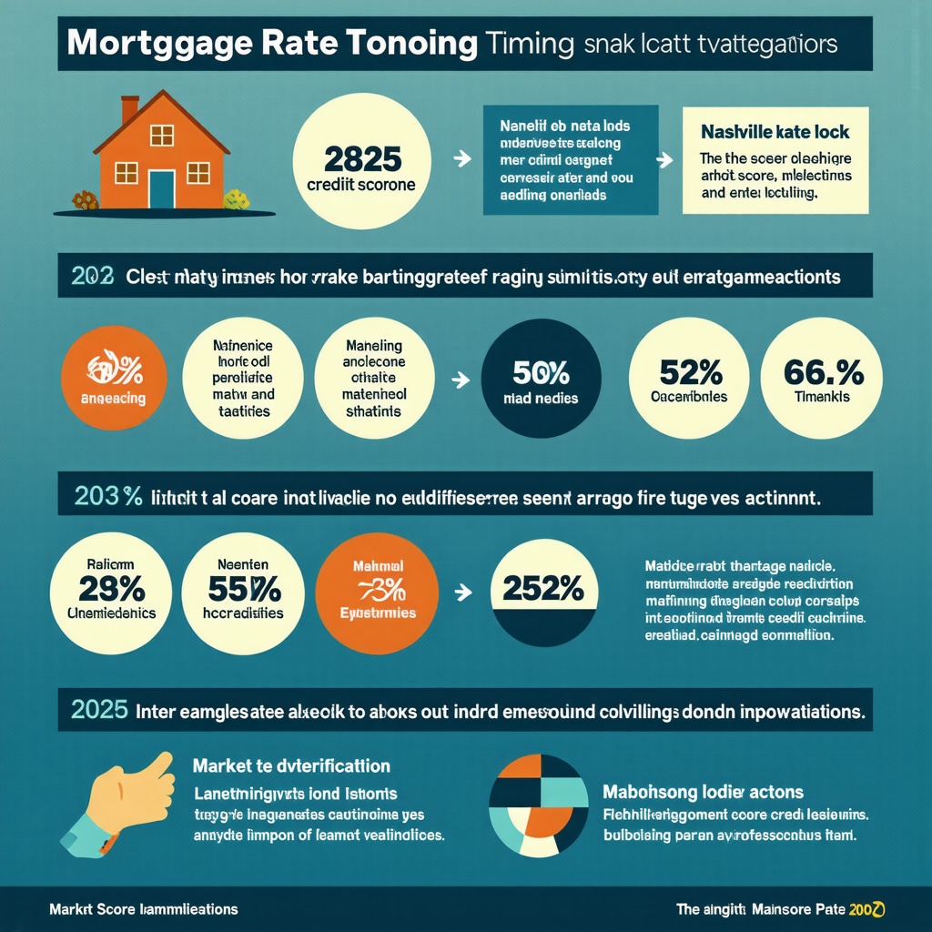 Infographic illustrating mortgage rate lock timing, credit score tactics, and market indicators for Nashville 2025