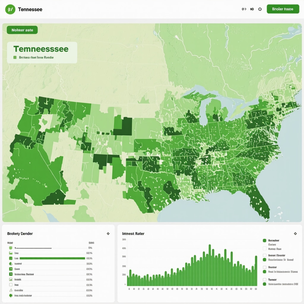 Digital dashboard illustrating Tennessee mortgage broker and lender analytics with interest rate trends