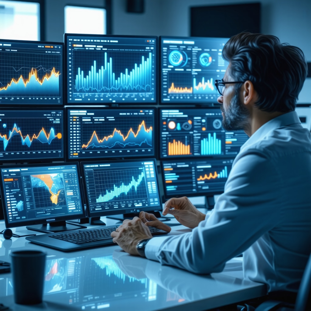 Mortgage broker analyzing Tennessee mortgage market data using AI technology on multiple screens
