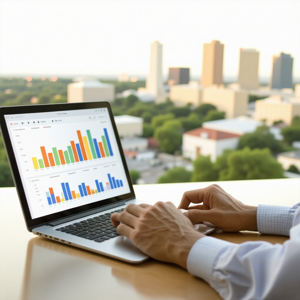 Mortgage broker analyzing data with city skylines of Knoxville and Nashville in the background