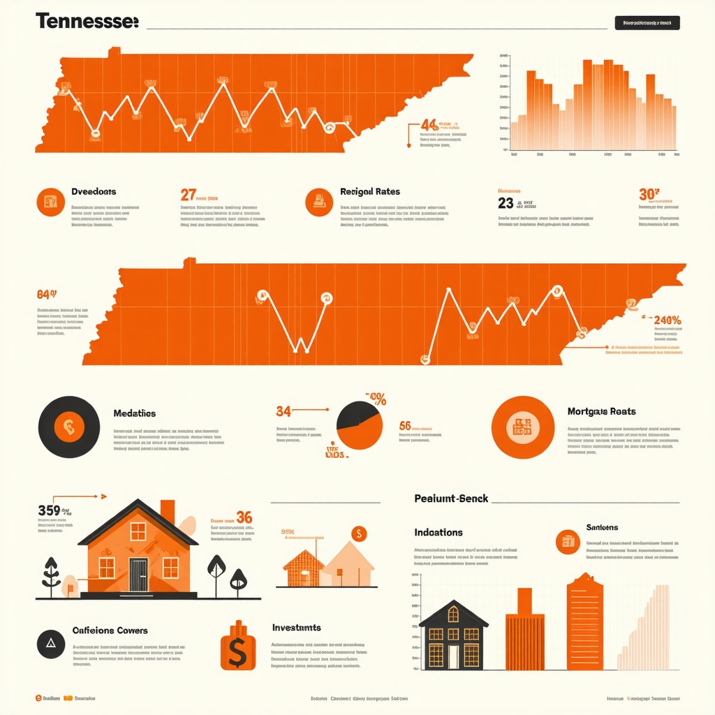 Graphical representation of predictive analytics applied to Tennessee investment mortgage rates with regional economic data and real estate icons
