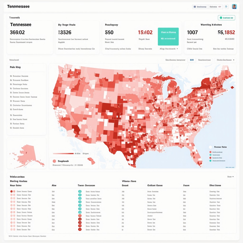 Dashboard showing Tennessee mortgage rates and economic indicators with Tennessee map