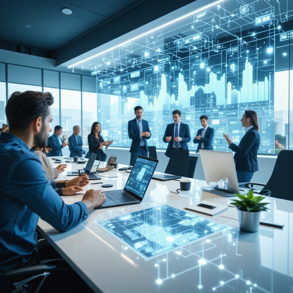 Futuristic mortgage office with AI and blockchain visuals aiding Tennessee homebuyers