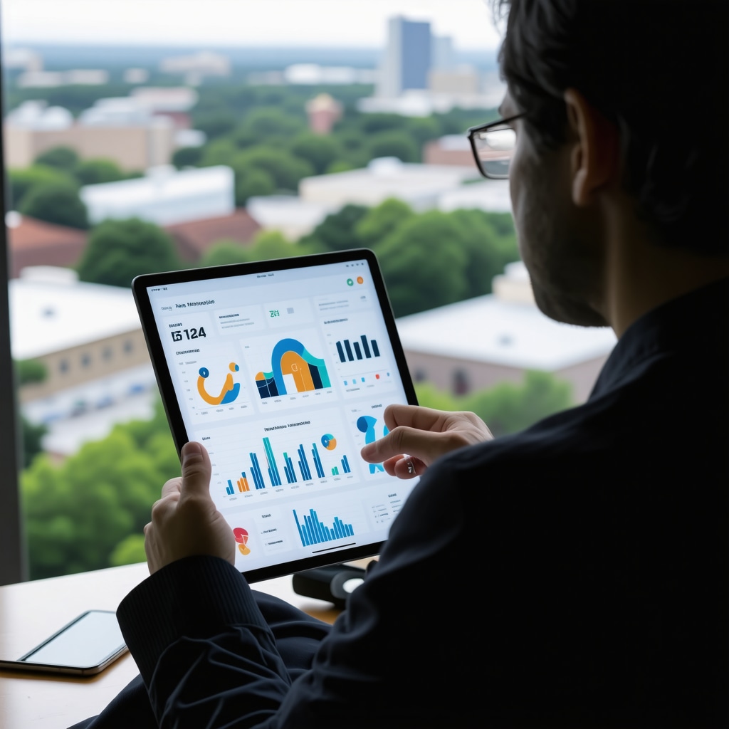 Homebuyer using digital device with mortgage charts and Tennessee skyline in background