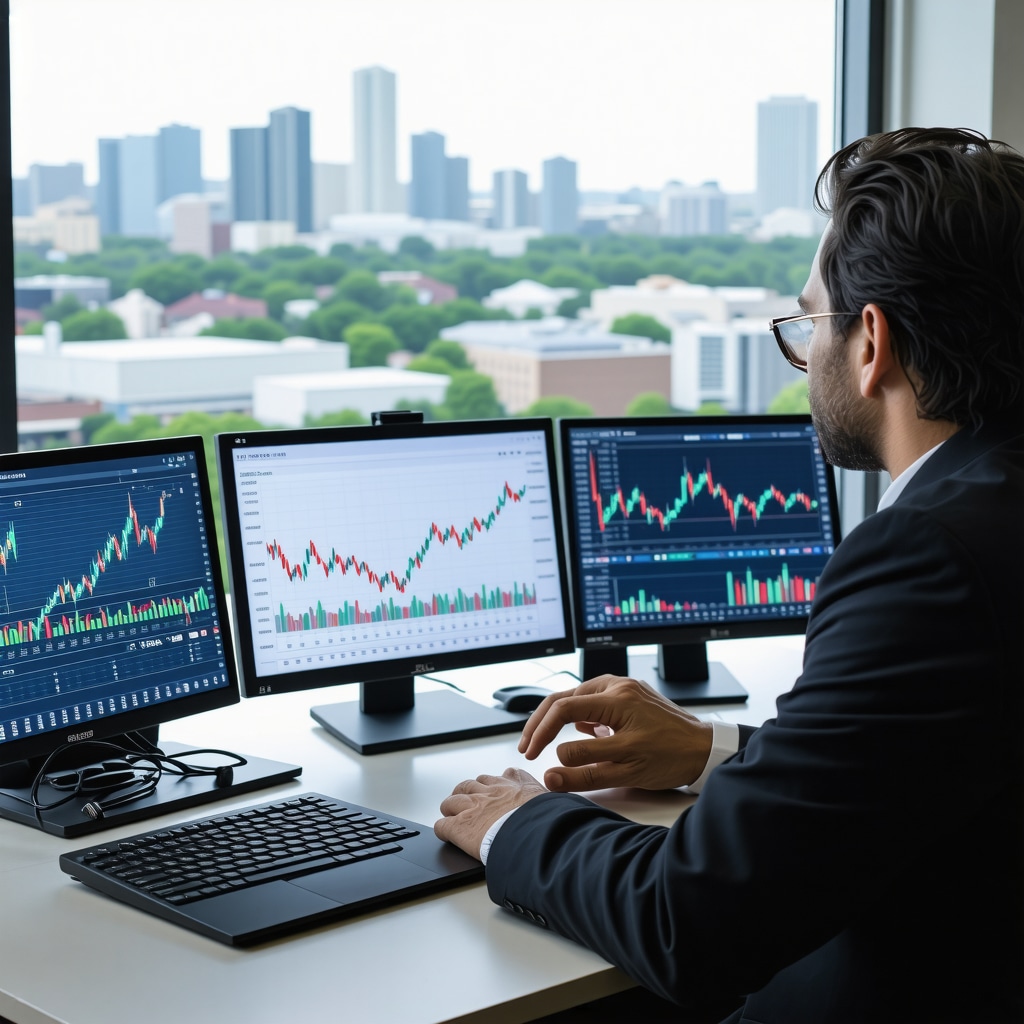 Mortgage broker reviewing fluctuating mortgage rates and economic indicators with Tennessee city skyline