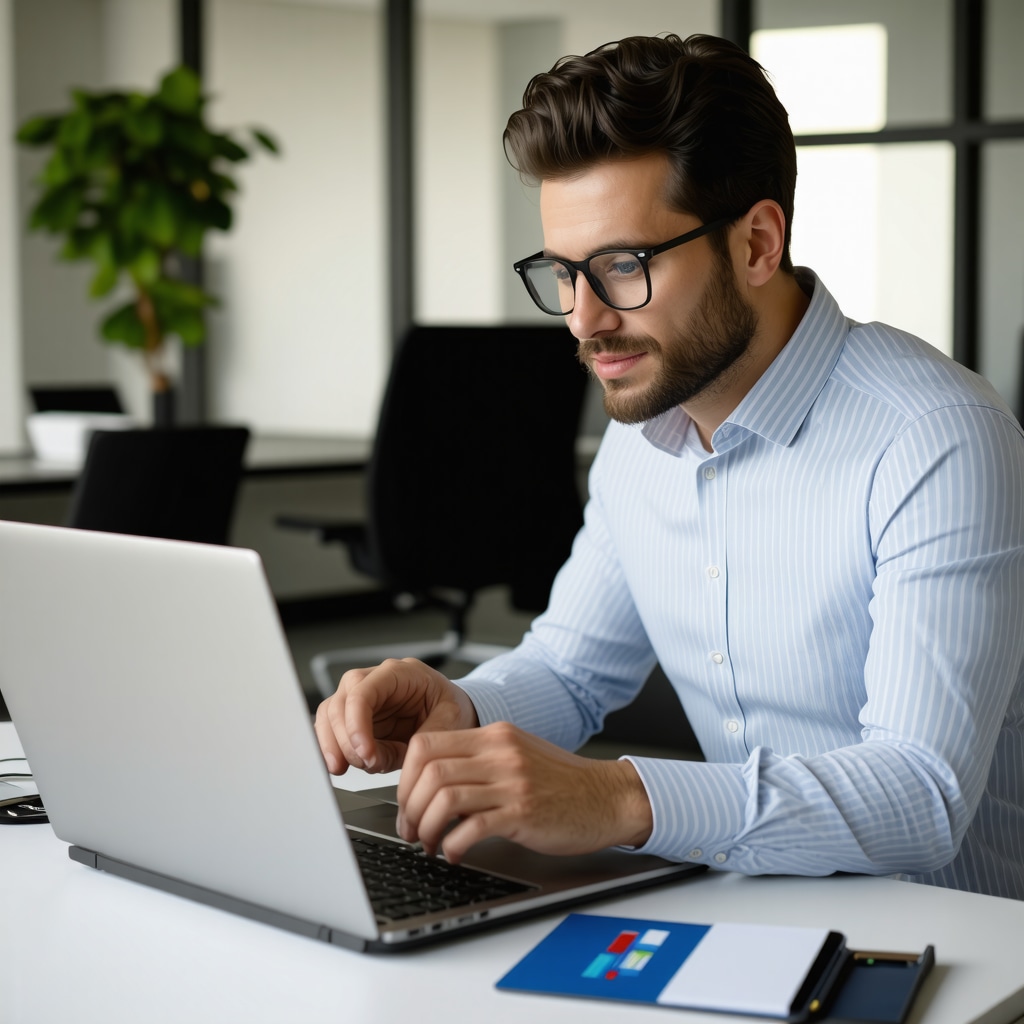 Mortgage broker analyzing data on laptop with client in modern Tennessee office