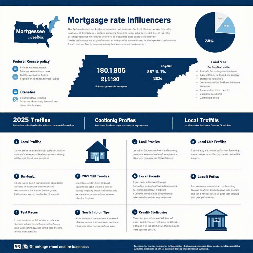 Infographic showing key factors affecting Tennessee mortgage rates in 2025 including economic indicators, lending standards, and refinancing strategies