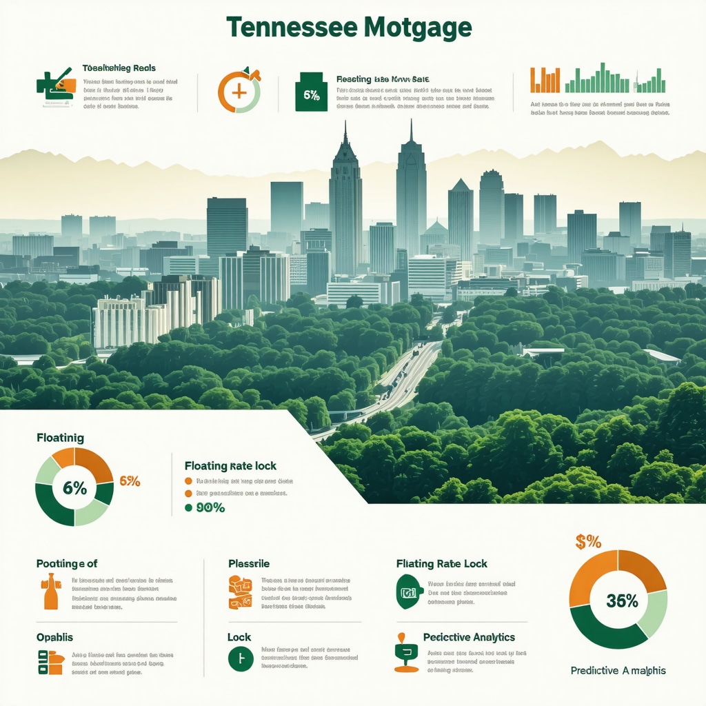 Infographic showing Tennessee mortgage rate trends, float-down options, and predictive analytics with Tennessee city skyline backdrop