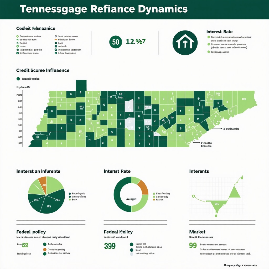 Infographic illustrating key factors affecting Tennessee mortgage refinancing including credit scores, interest rates, and economic policies