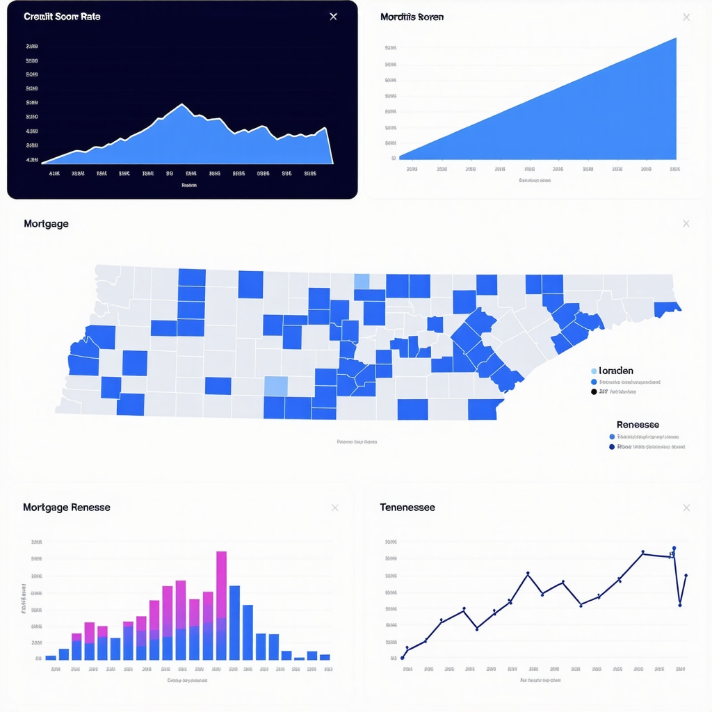 Digital dashboard displaying AI credit score analysis and mortgage rate forecasts over Tennessee map with city highlights