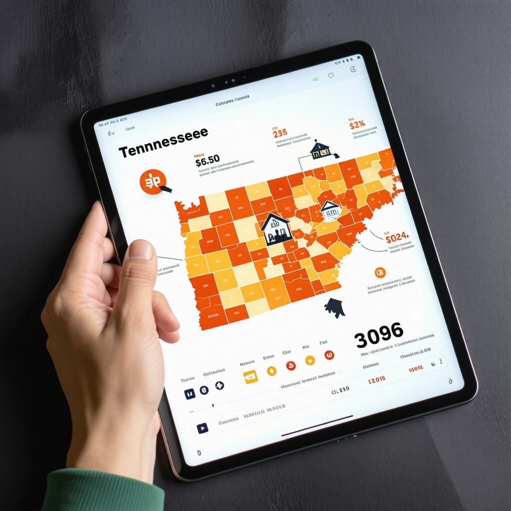 Digital tablet displaying mortgage application with Tennessee map and financial analytics overlays