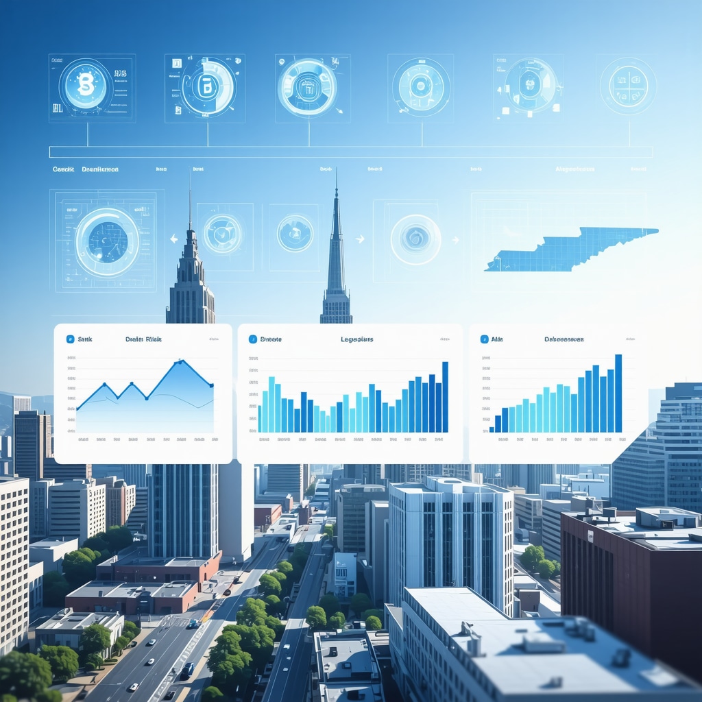 Dashboard showing AI-powered mortgage underwriting analytics integrating alternative credit data with Tennessee cityscape background