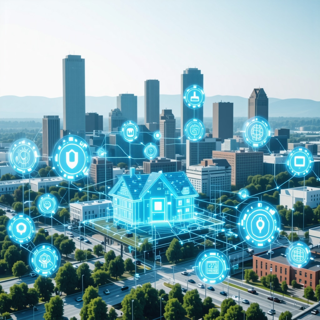 Digital interface showing AI mortgage analysis and blockchain security with Tennessee cityscape