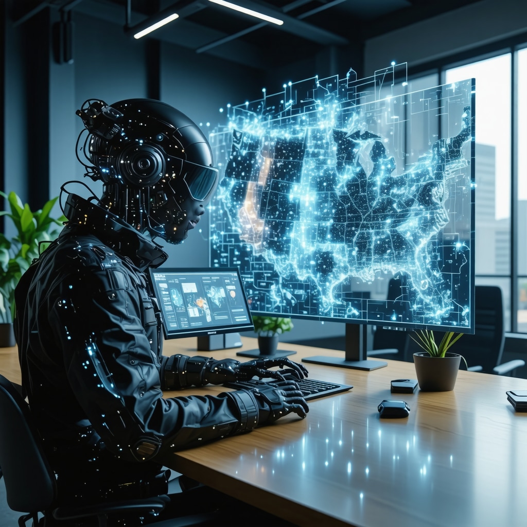Futuristic mortgage office featuring AI and blockchain technology with Tennessee regional map