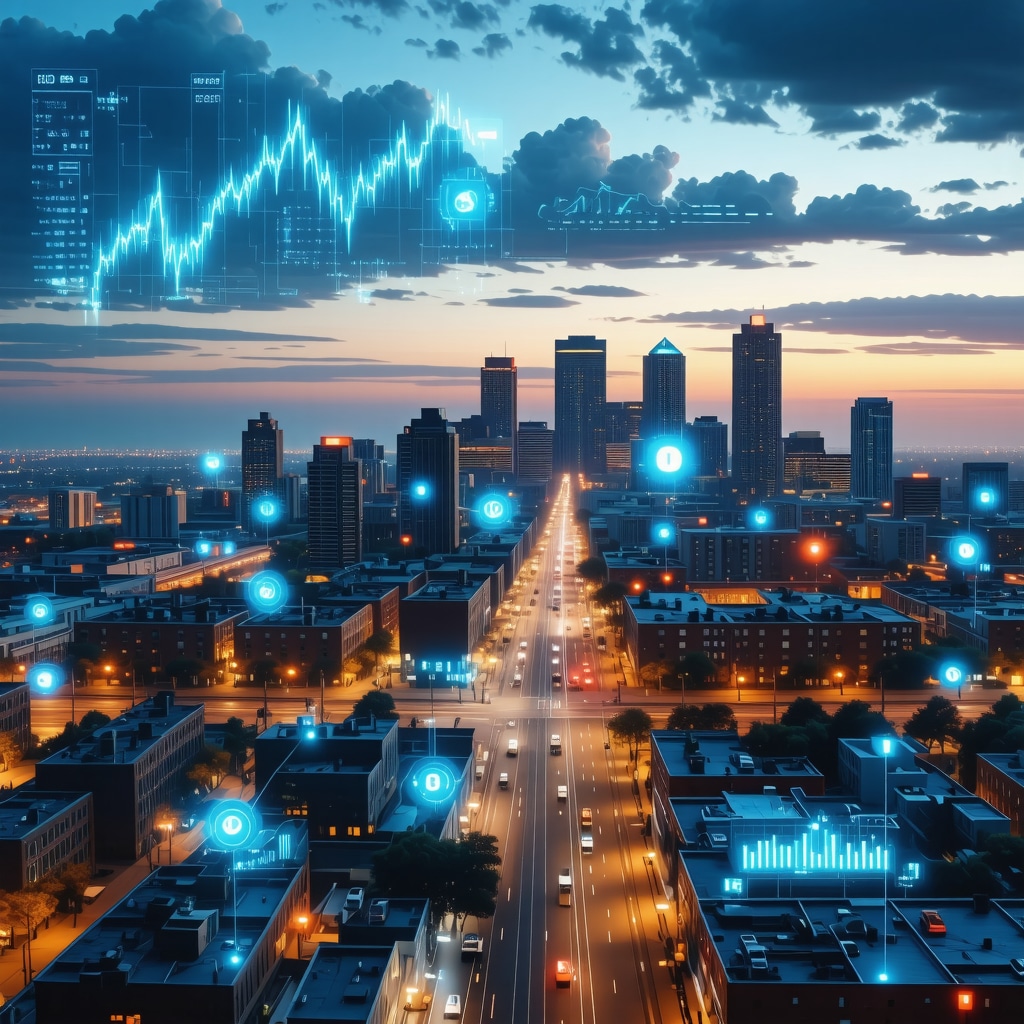 Digital visualization of Tennessee city skyline with AI data overlays for mortgage rate analysis