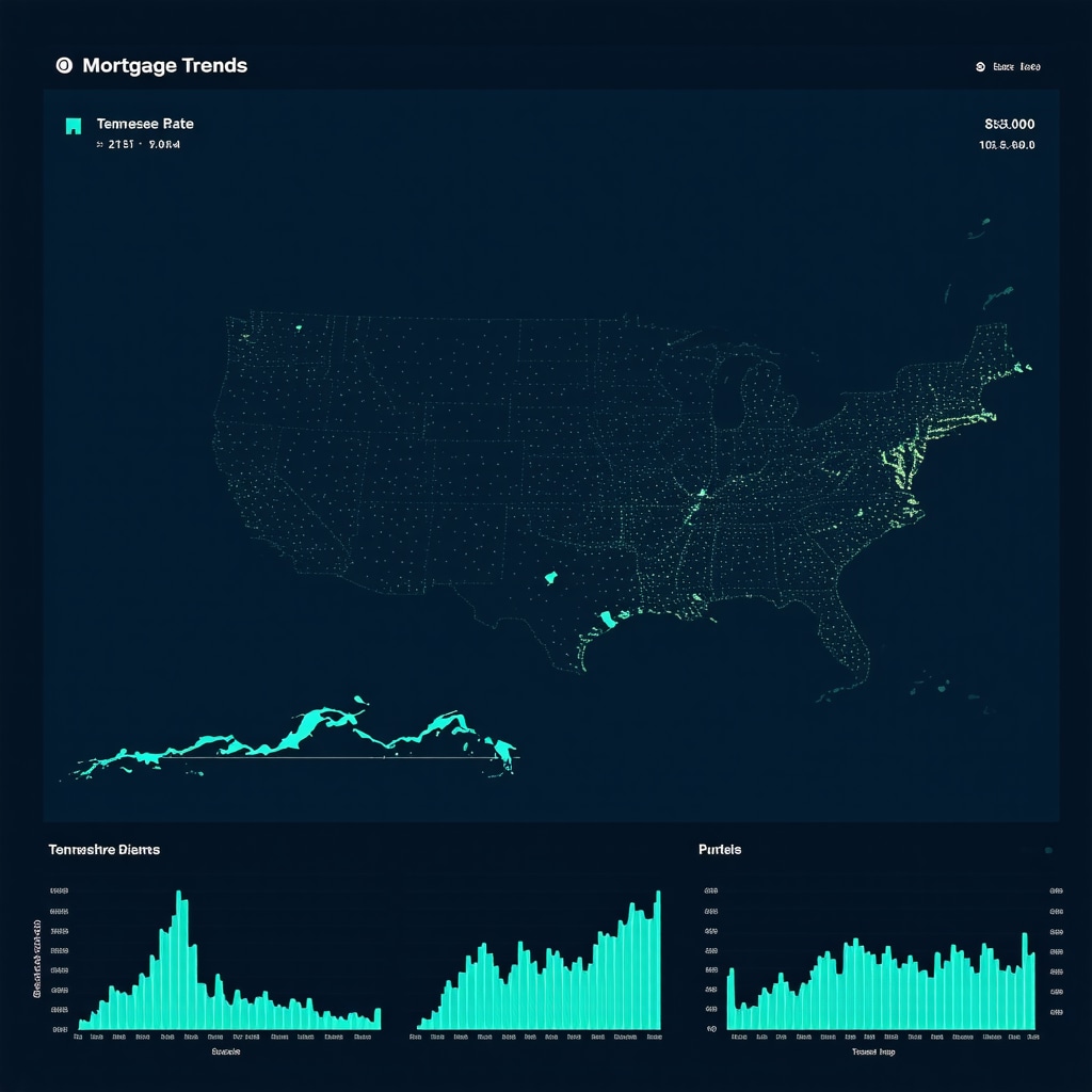 A digital dashboard showing mortgage rate trends, predictive analytics, and Tennessee map highlighting regional data