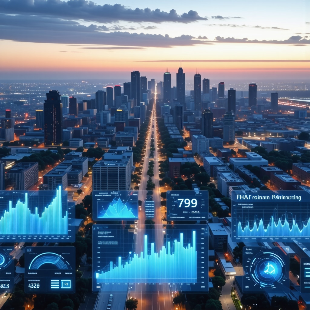 Digital dashboard with mortgage analytics and Tennessee city skyline representing advanced FHA loan refinancing technology