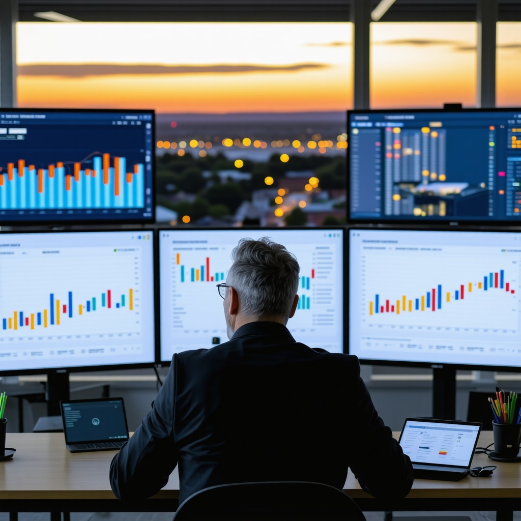 Financial advisor showing mortgage rate data and Knoxville skyline during sunrise