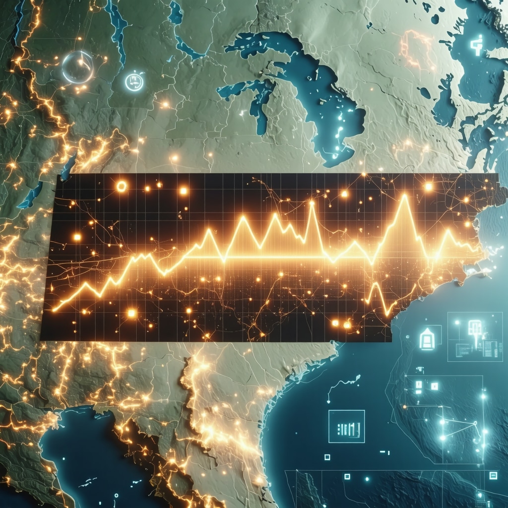 Digital interface showing mortgage rates, inflation data, credit analytics, and blockchain icons over Tennessee map
