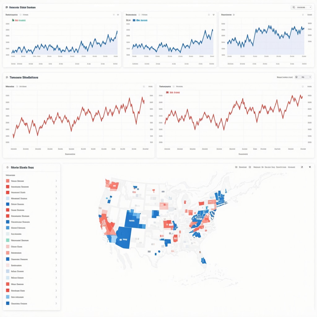 Financial dashboard showing stochastic models and mortgage rate analytics with Tennessee map overlay