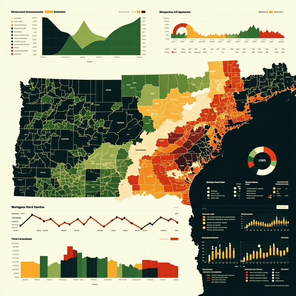Dashboard with mortgage rate trends, behavioral economics, machine learning algorithms, and Tennessee map with environmental risk zones