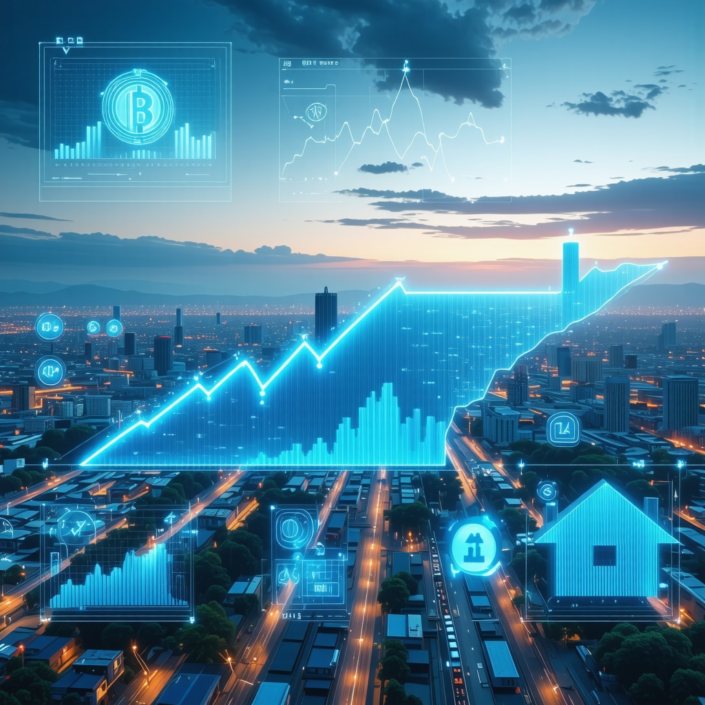 Digital dashboard showing AI analytics and blockchain icons over Tennessee city skyline