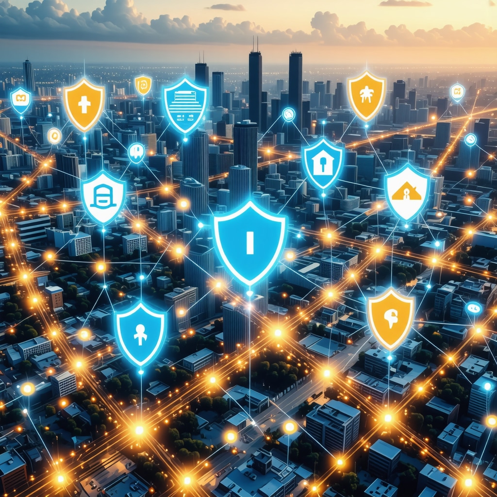 Digital illustration of blockchain network, AI icons, and cybersecurity protecting Tennessee mortgage data