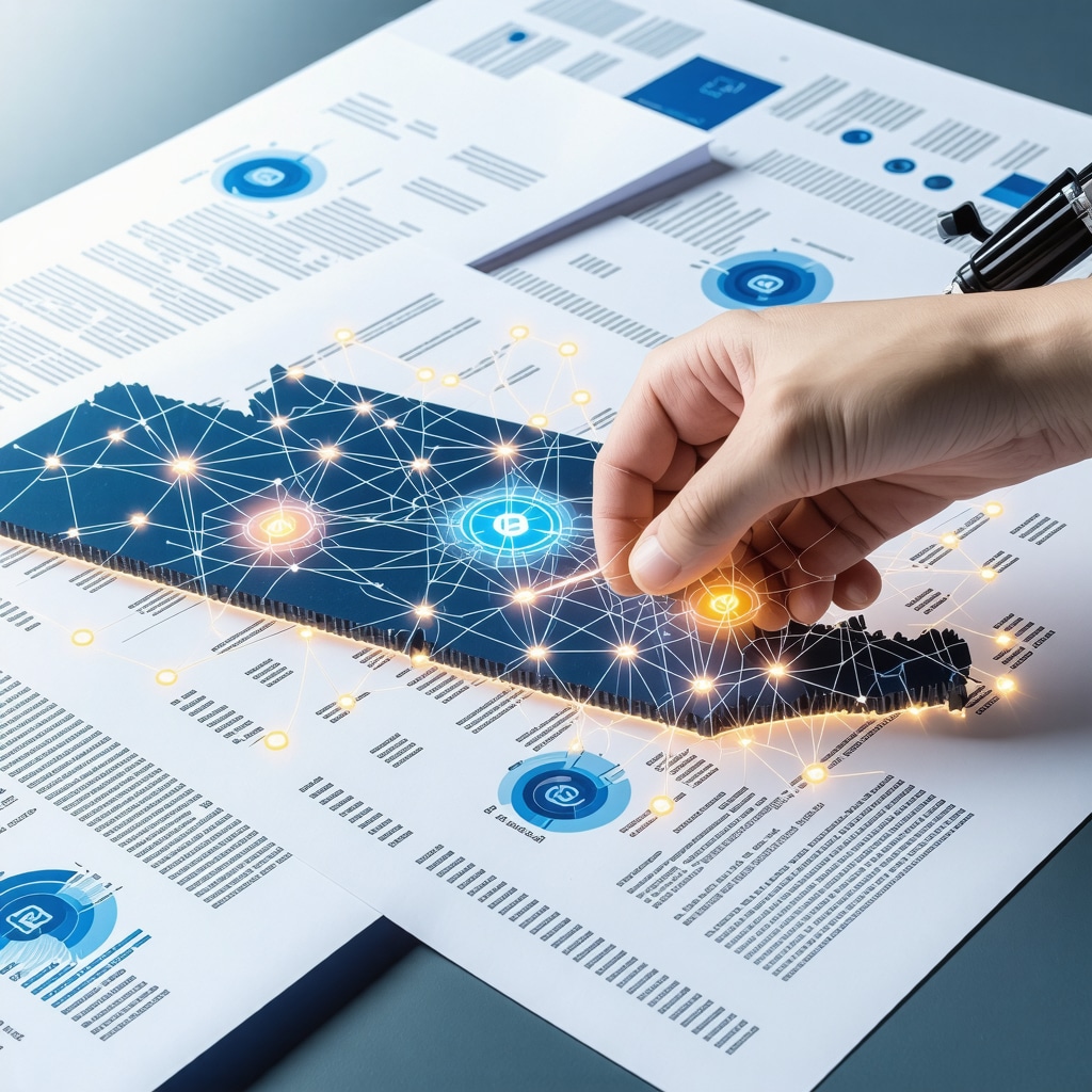 Digital blockchain network overlaying mortgage documents and Tennessee map symbolizing mortgage technology innovation