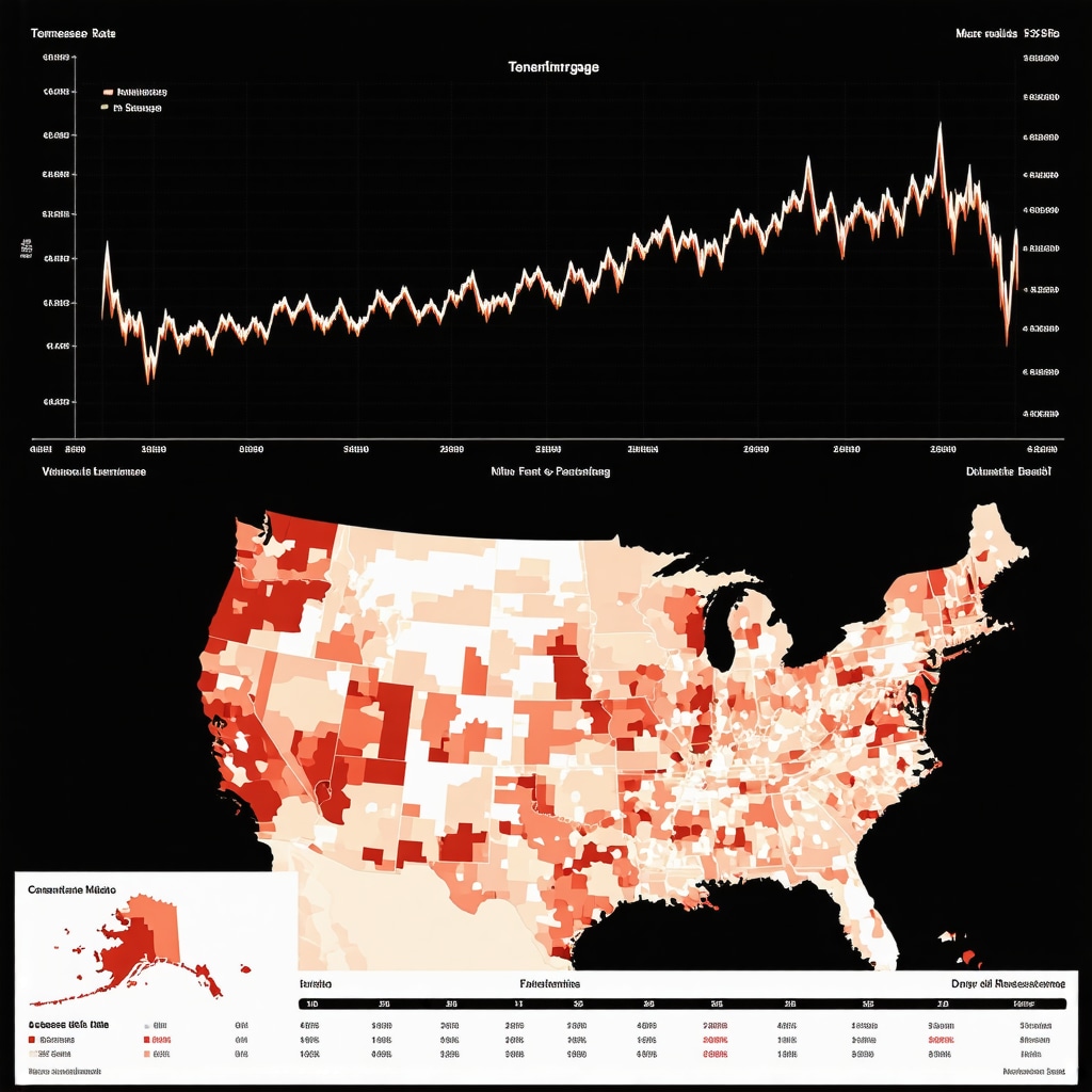 Digital dashboard with Tennessee mortgage rates, economic charts, and local market map