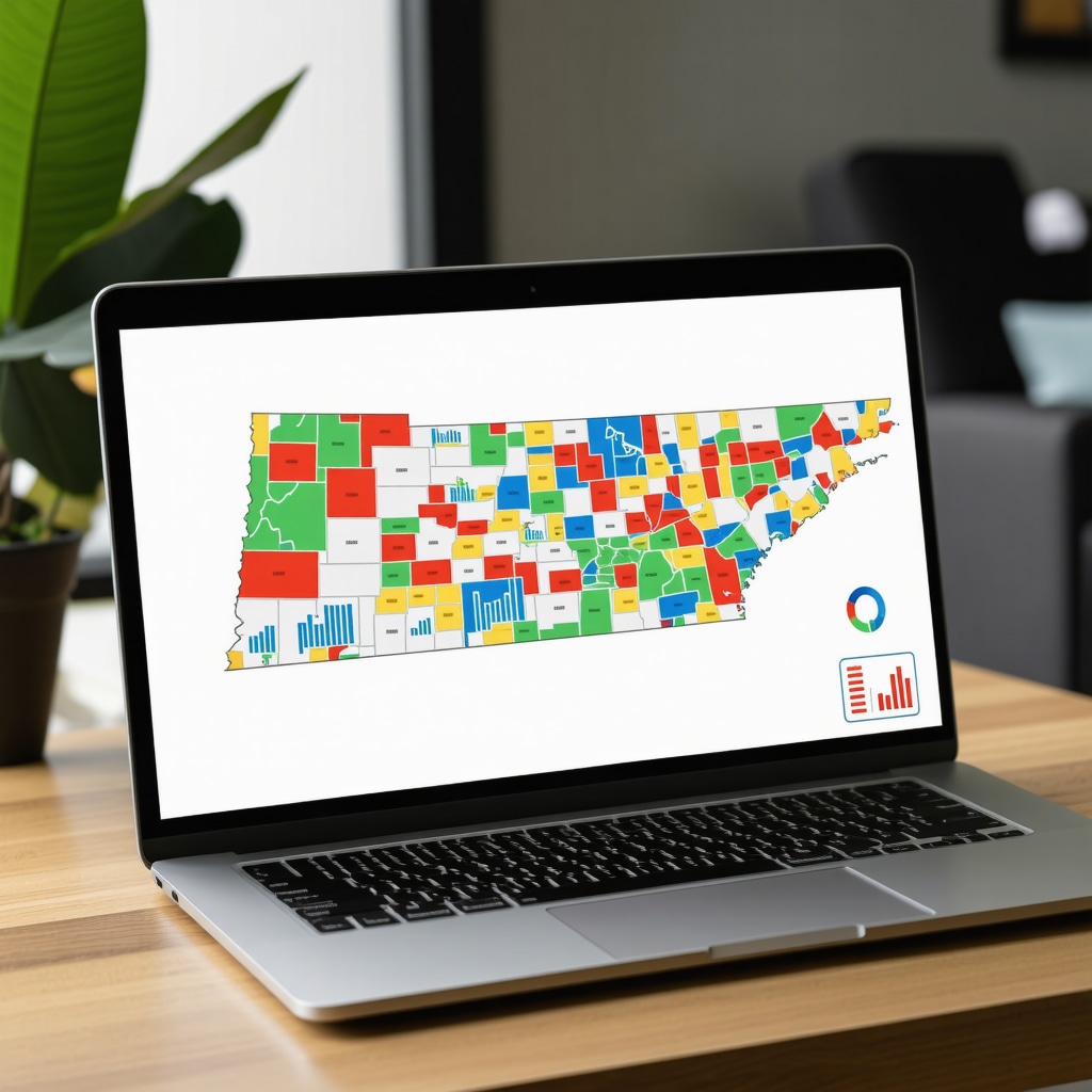 Laptop displaying digital mortgage application with Tennessee state map and financial charts