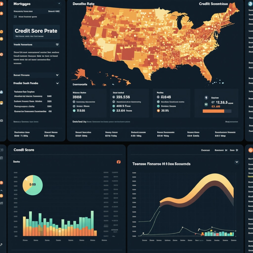 Futuristic dashboard showing mortgage rates, credit scores, and Tennessee economic maps for advanced mortgage planning