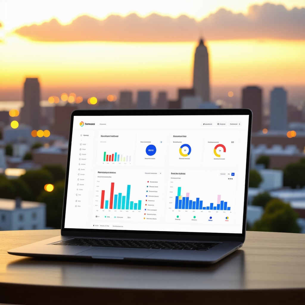Laptop screen with Tennessee mortgage rate trends and AI analytics, city skyline background